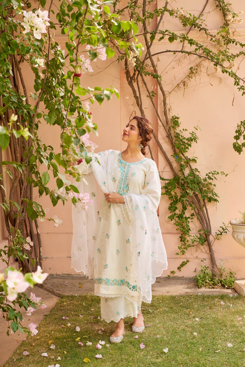 Ivory Chanderi Embroidered Straight Suit Set with Dupatta