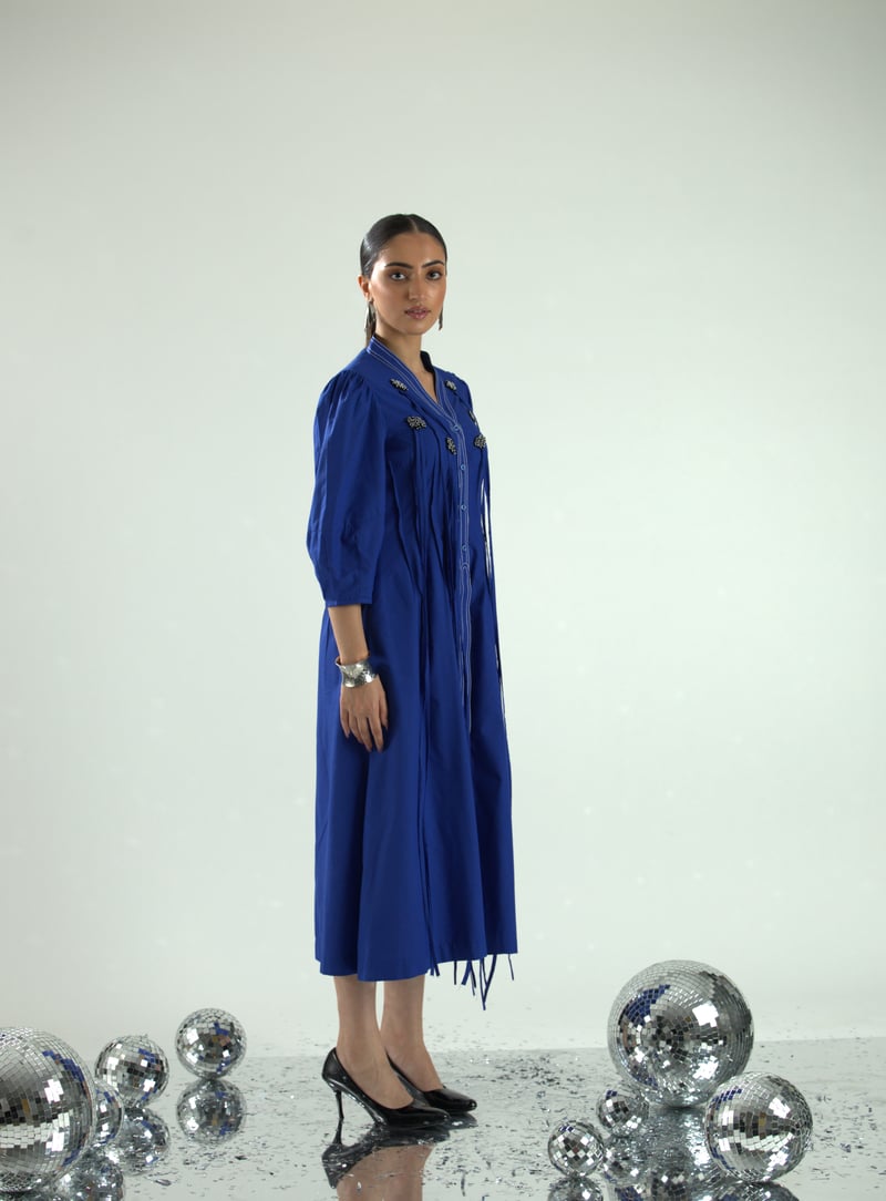 Royal Blue Button-Front V-Neck Midi Dress