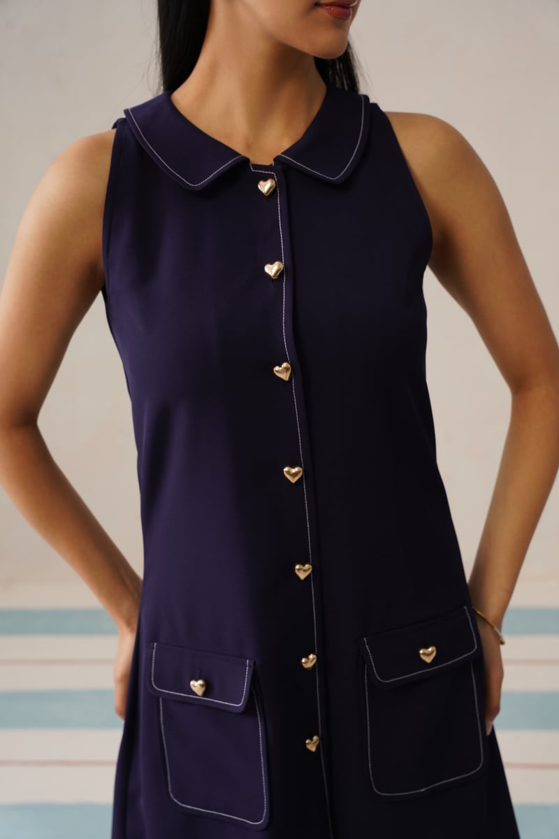 Dark Blue Sleeveless Collared Button-Front Mini Dress