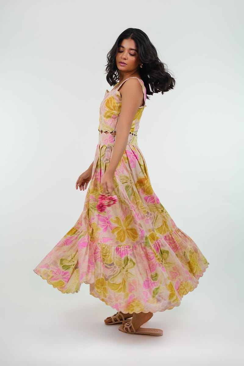 Multicolor Printed Linen Scallop Detail Midi Dress