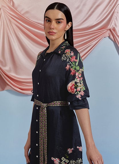 Black Linen Satin Midi Shirt Dress with Floral Embroidery