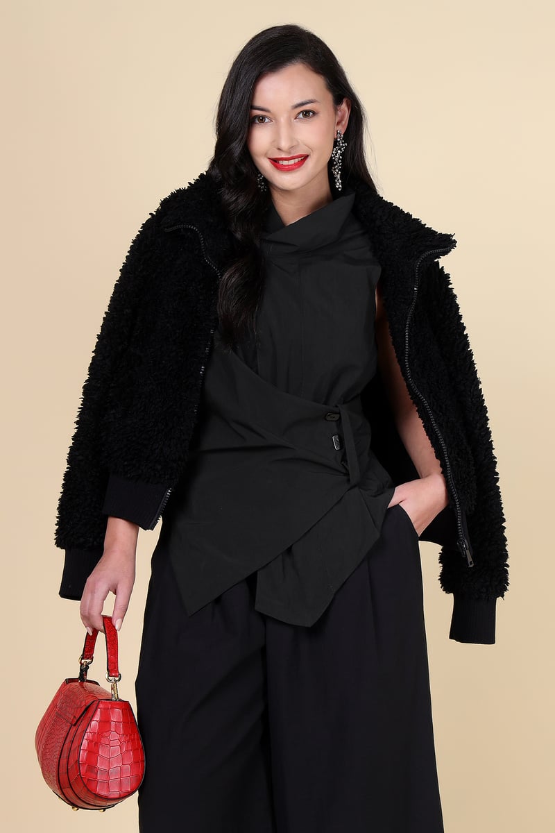 Black High Neck Sleeveless Wrap Top with Tie Waist