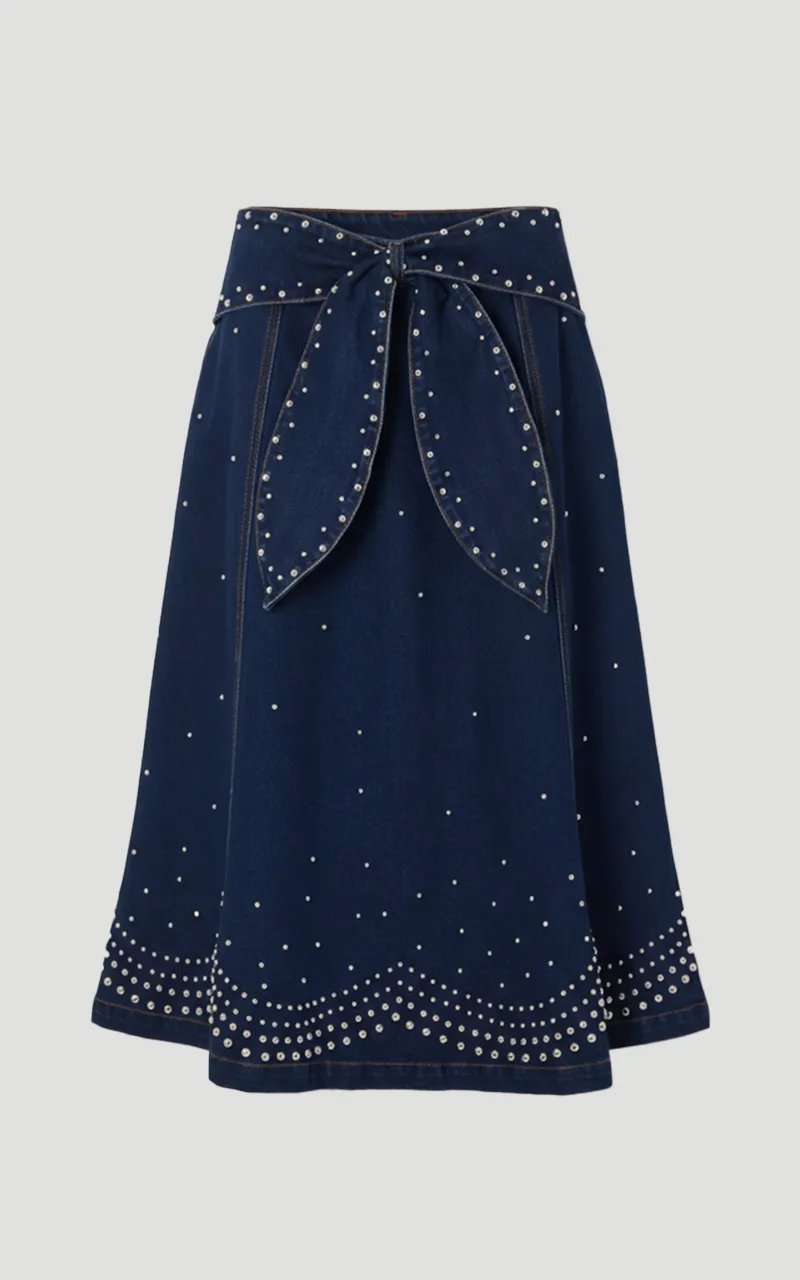 Dark Blue Studded A-Line Midi Skirt with Tie Waist