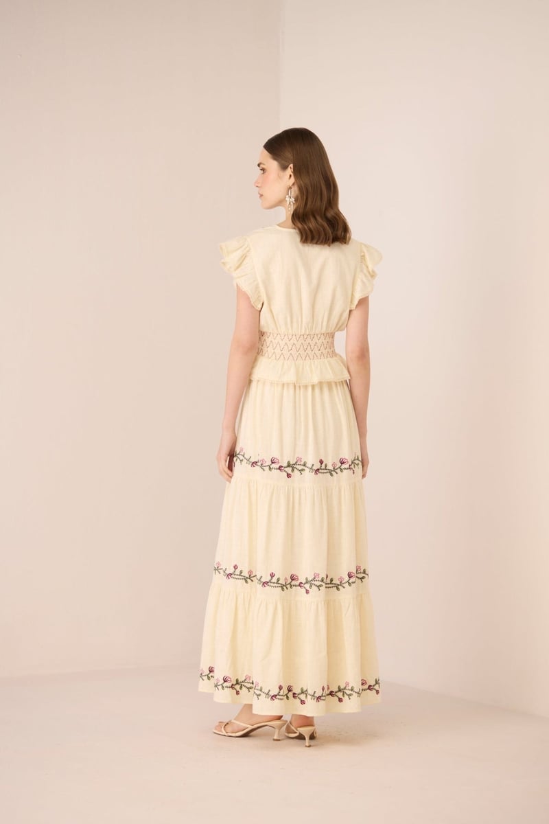 Cream Cotton Tiered Embroidered Maxi Skirt