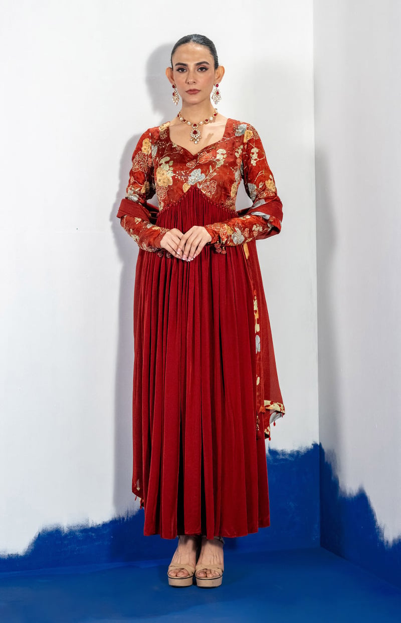 Maroon Embroidered Anarkali Kurta Set with Dupatta