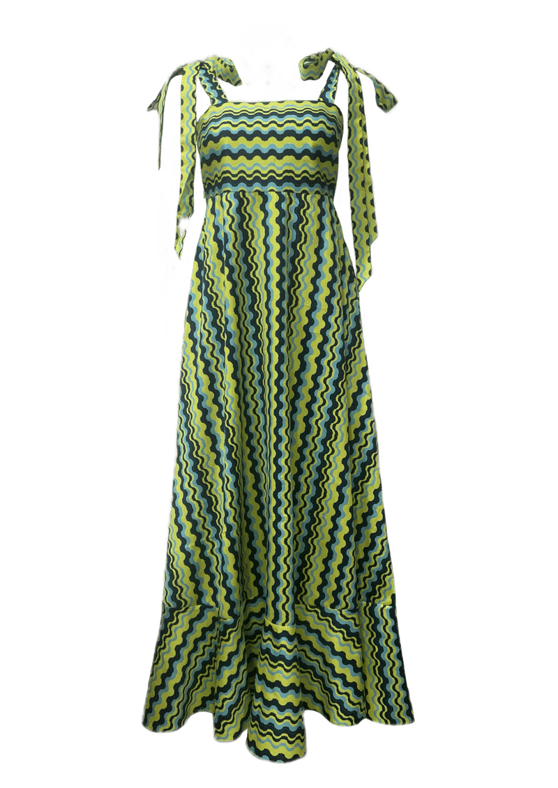 Blue-Green Abstract Wave Print Cotton Maxi Dress