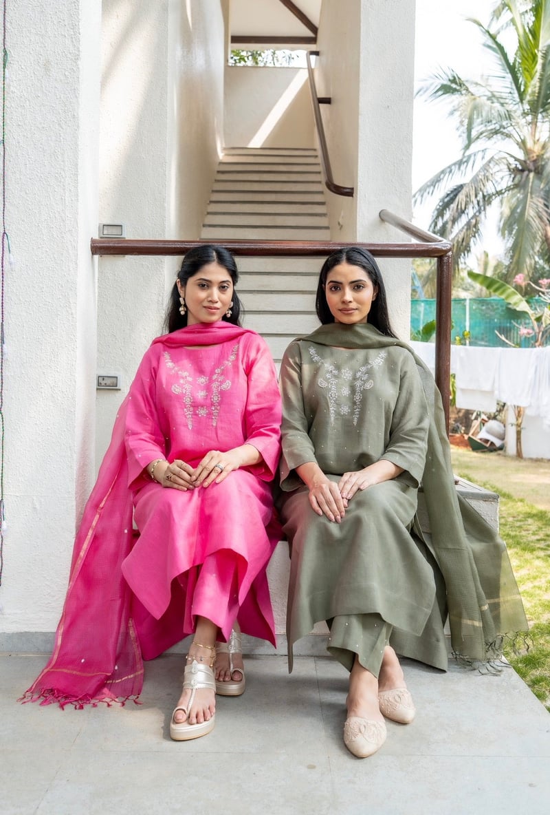 Olive Green Linen Straight Kurta Set with Dupatta