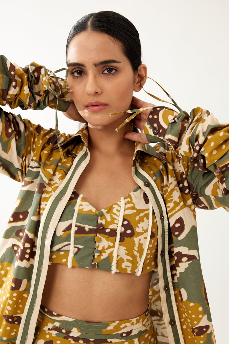 Olive And Mustard Floral Smocking Sleeve Shirt