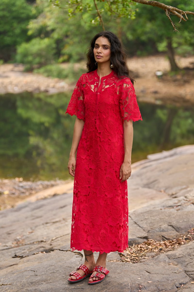 Red Lace Midi Dress with Band Collar and Flared Sleeves