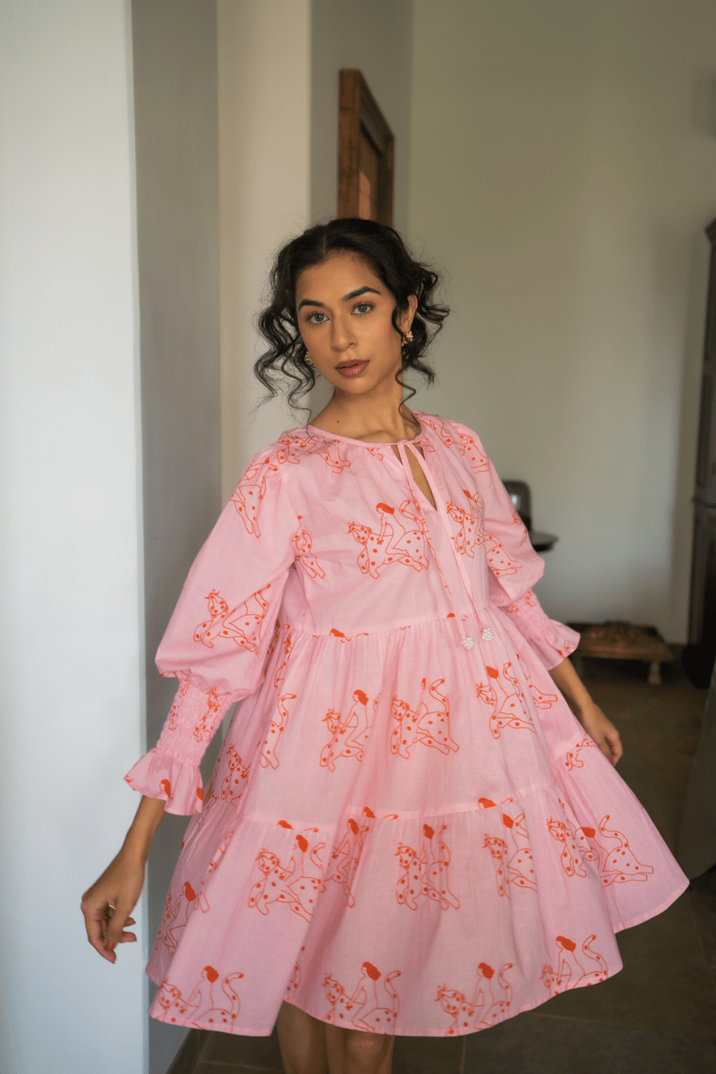Pastel Pink Printed Tiered Mini Dress with Smocked Sleeves