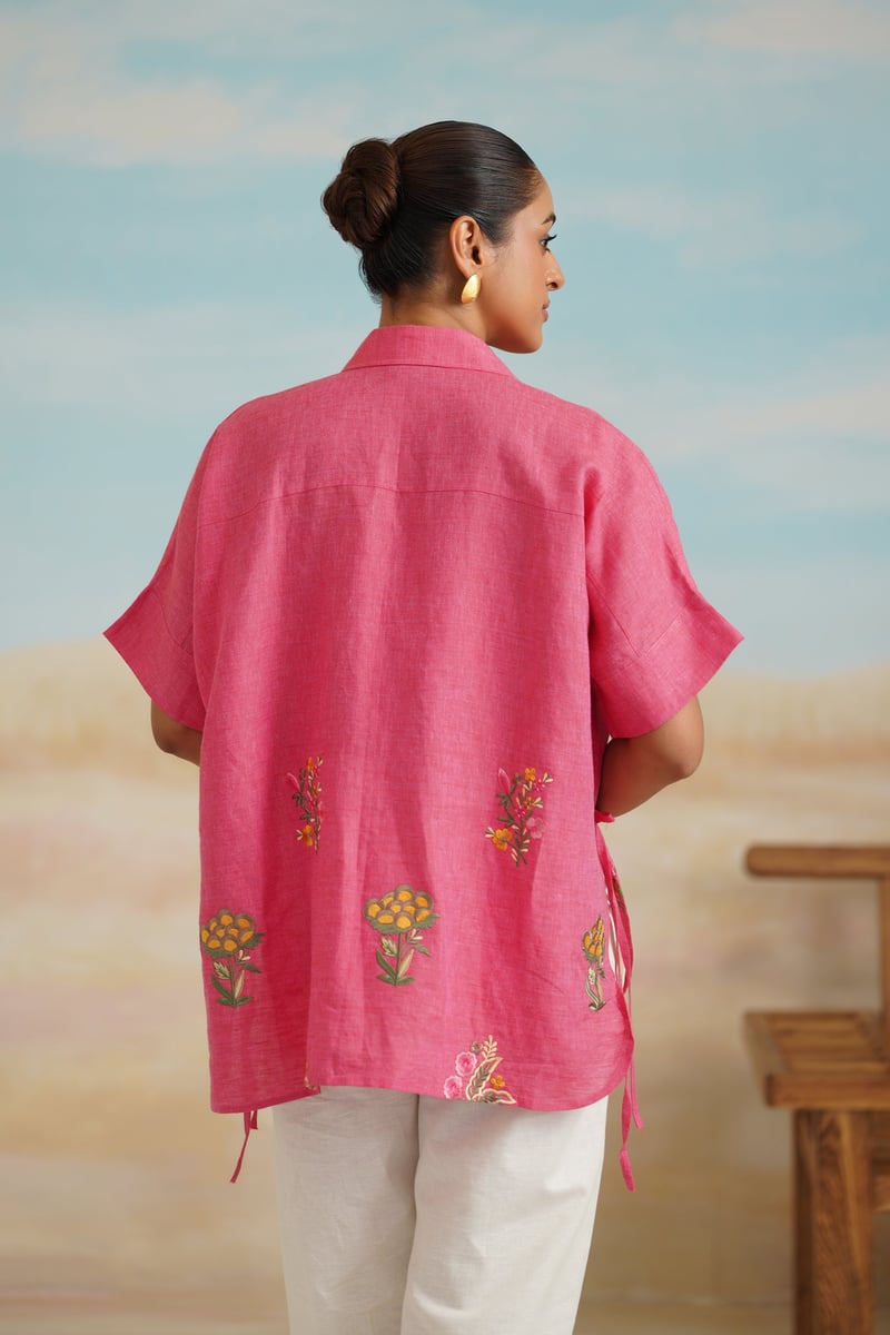 Brick Linen Embroidered Shirt and Cream Pants Co-ord Set