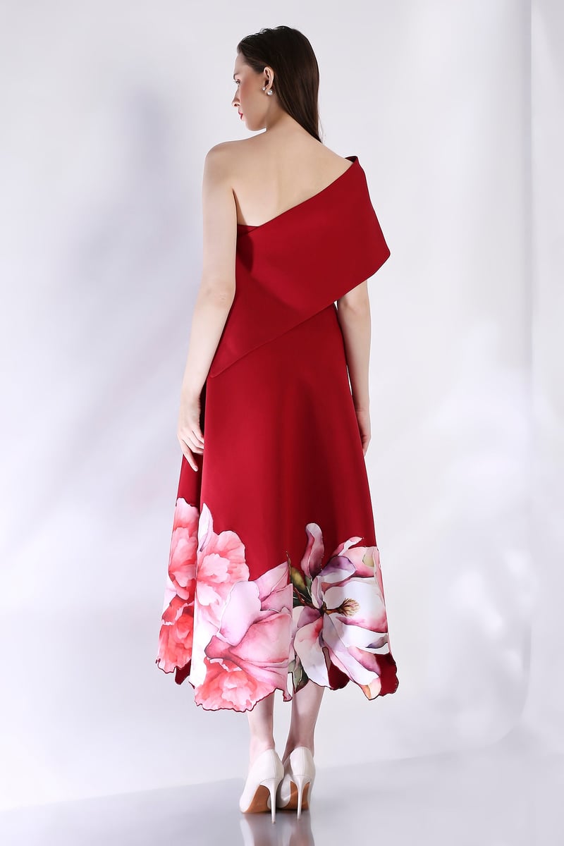 Deep Red Off-Shoulder Fit and Flare Midi Dress