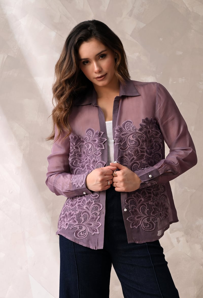 Mauve Sheer Button-Down Shirt with Tonal Floral Appliqué