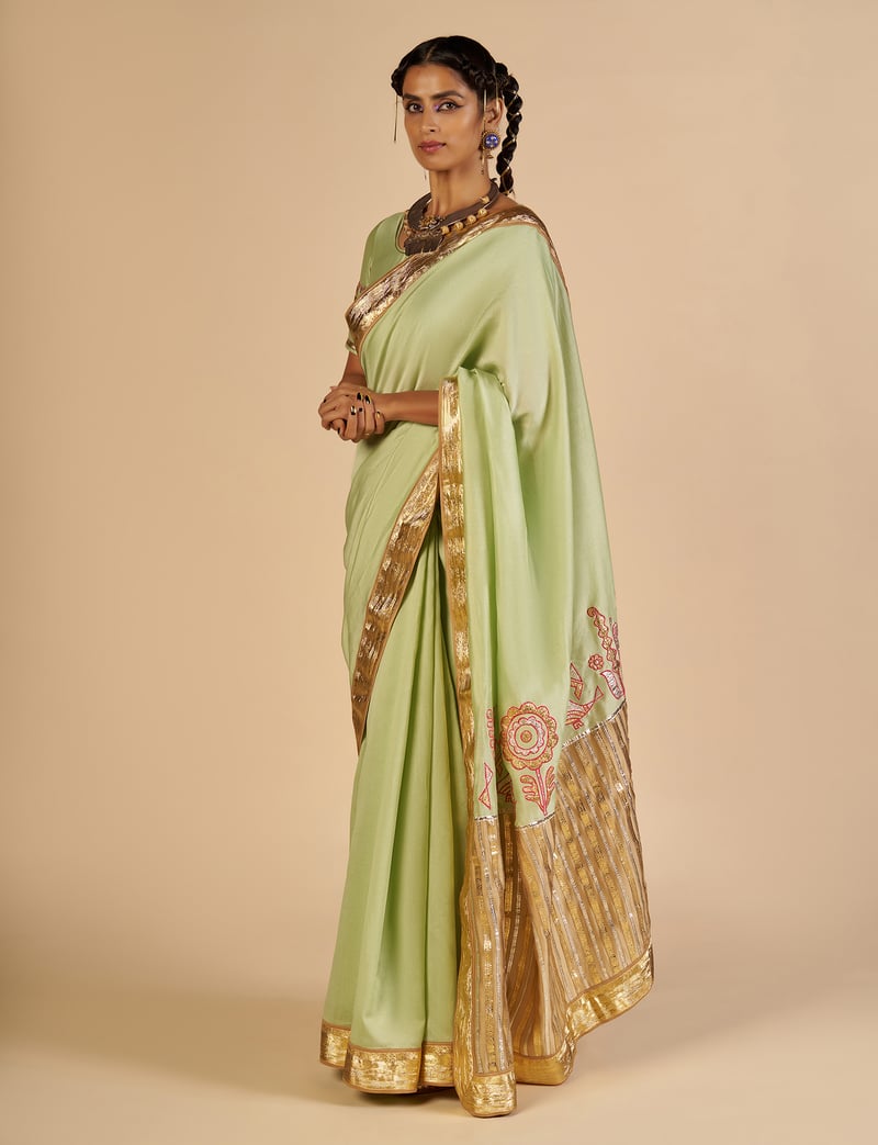 Pista Green Silk Chanderi Saree with Gota Border