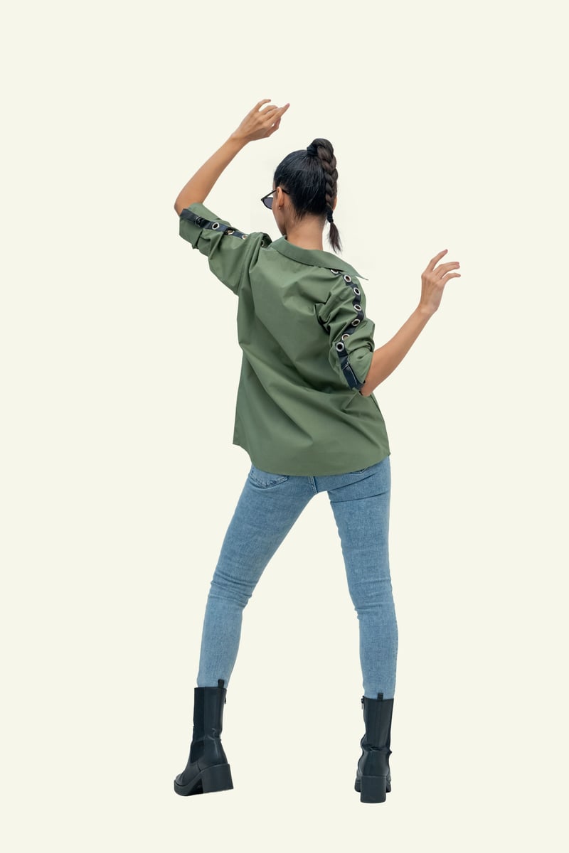 Olive Cotton Shirt with Embroidery on Pockets