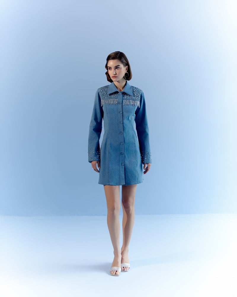 Blue Denim Mini Shirt Dress with Crystal Fringe Yoke