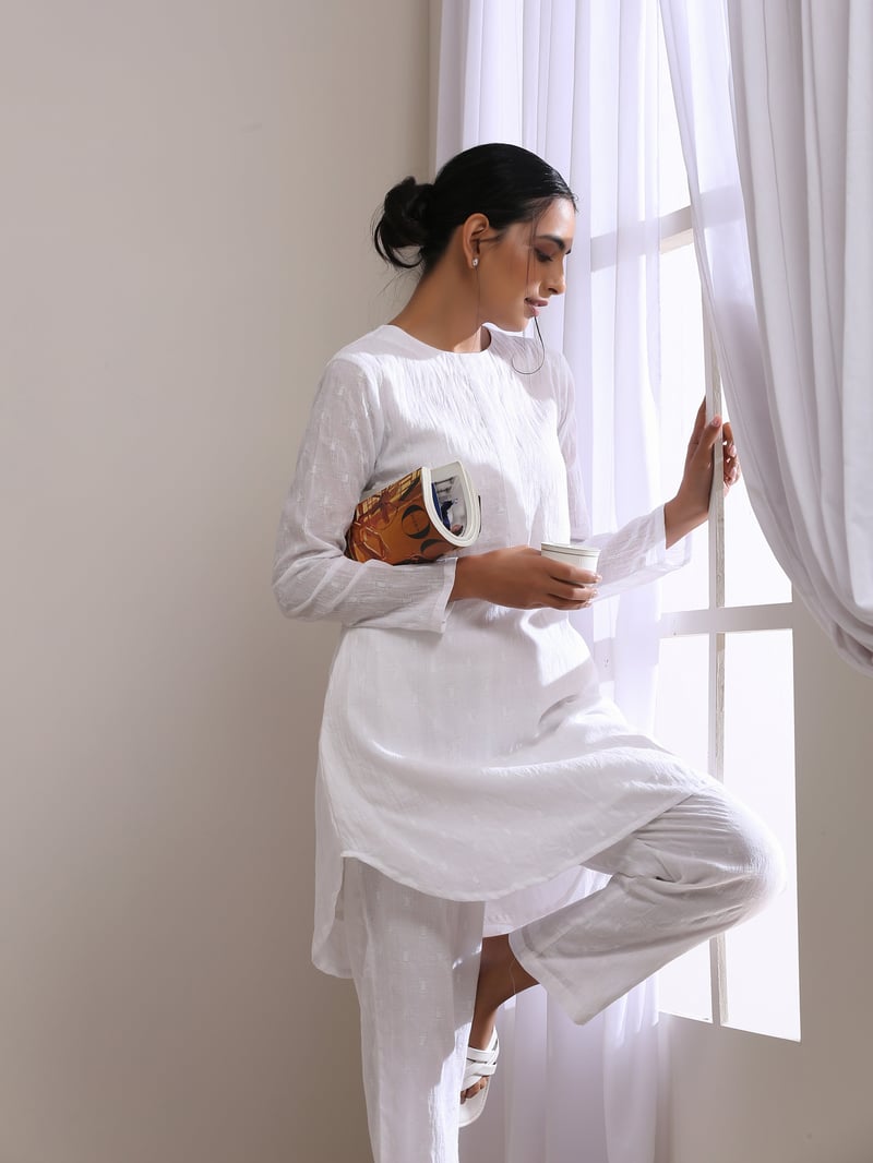 White Cotton Dobby Kurta and Pants Co-ord Set