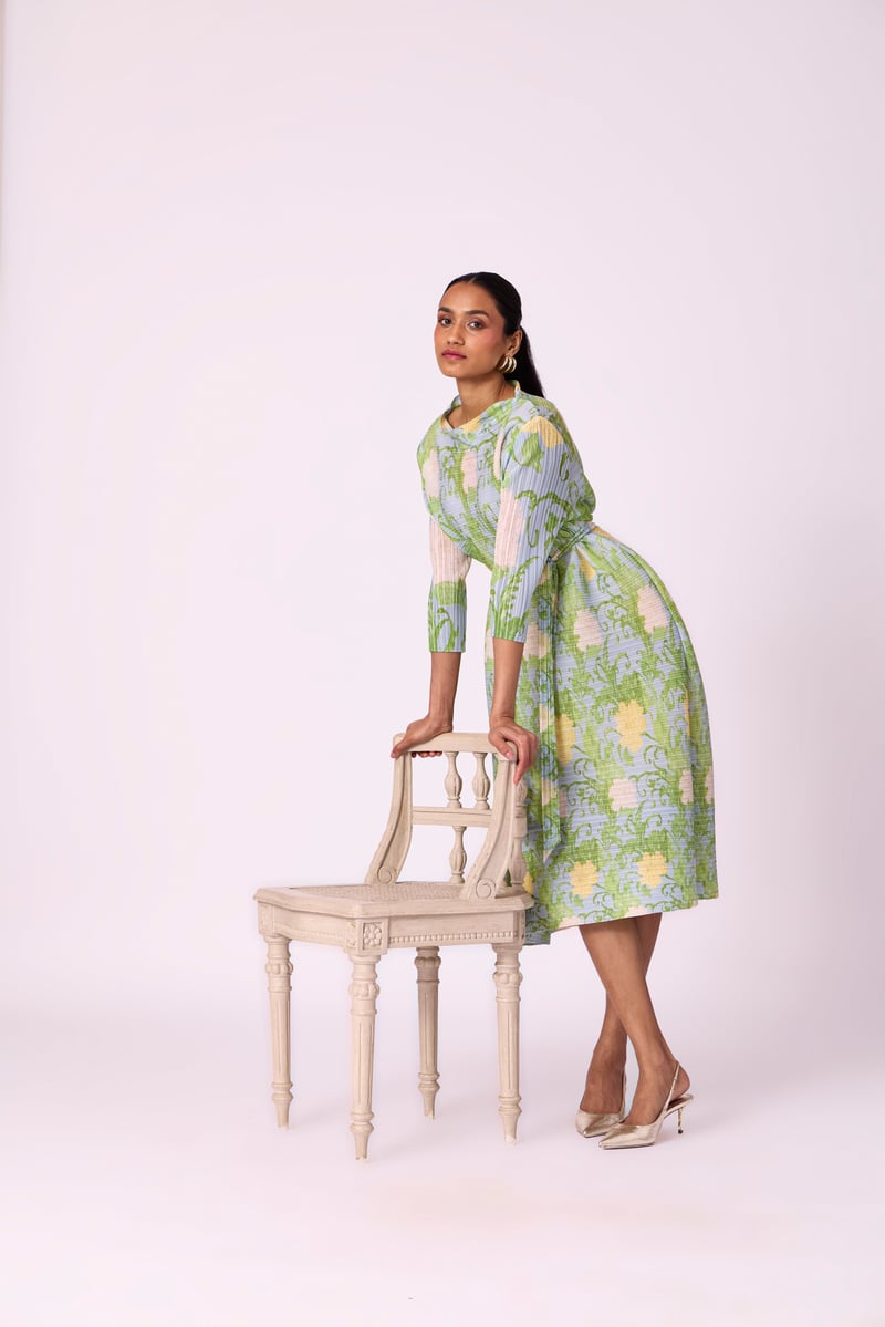 Light Blue Pleated Floral Midi Dress with Belt