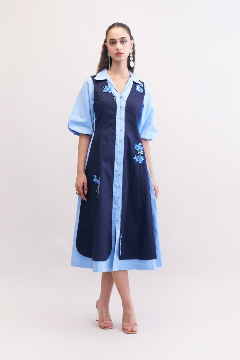 Navy and Blue Colorblocked Embroidered Midi Shirt Dress — Our Love