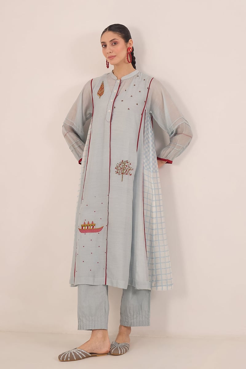 Powder Blue Chanderi Kali Kurta Set with Red Piping