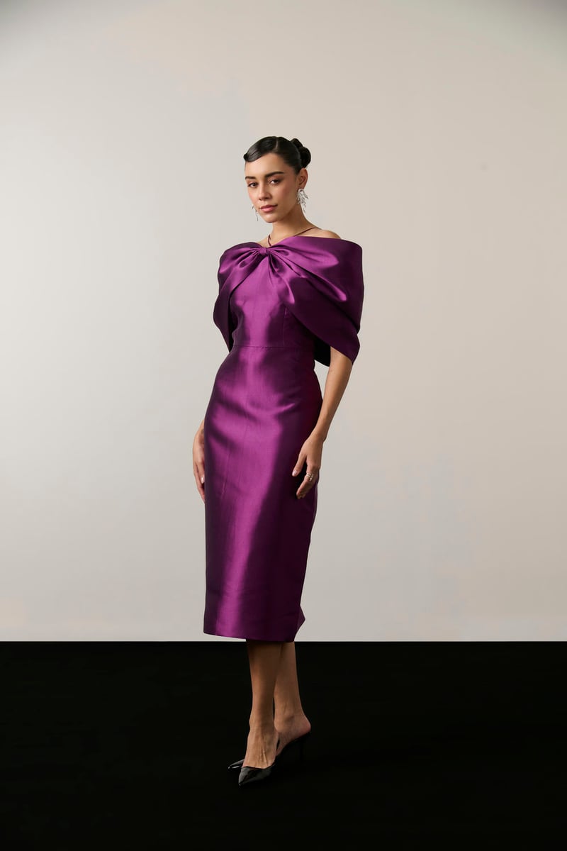 Purple Satin Off-Shoulder Bow Sheath Midi Dress