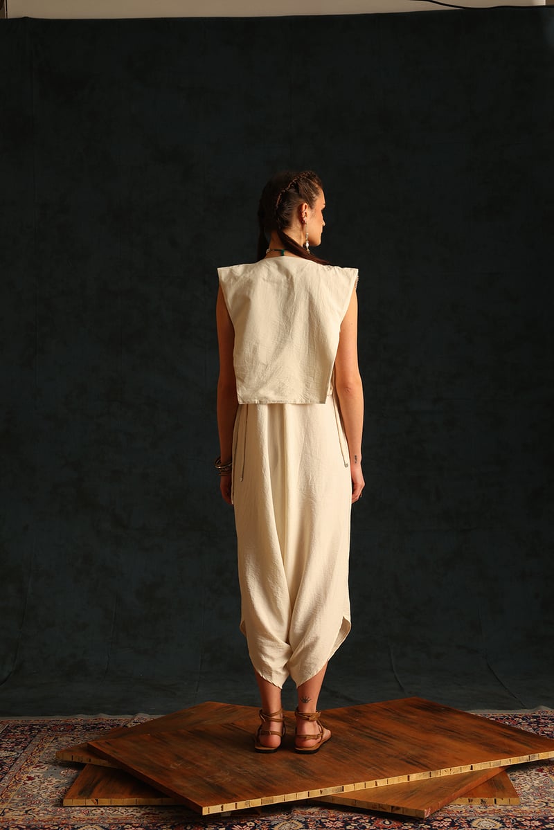 Off-White V-Neck Jumpsuit Set with Embellished Waistcoat