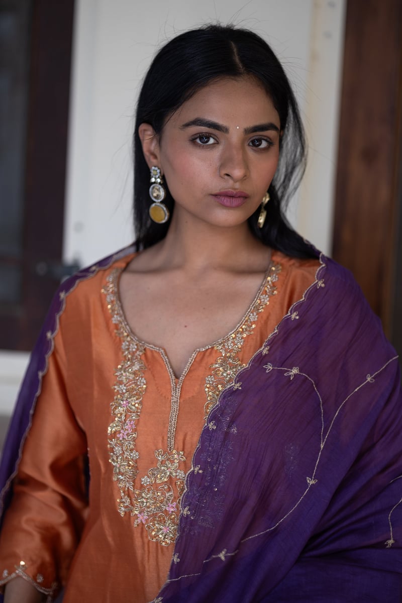 Rust Orange Zardozi Yoke Chanderi Silk Kurta Set