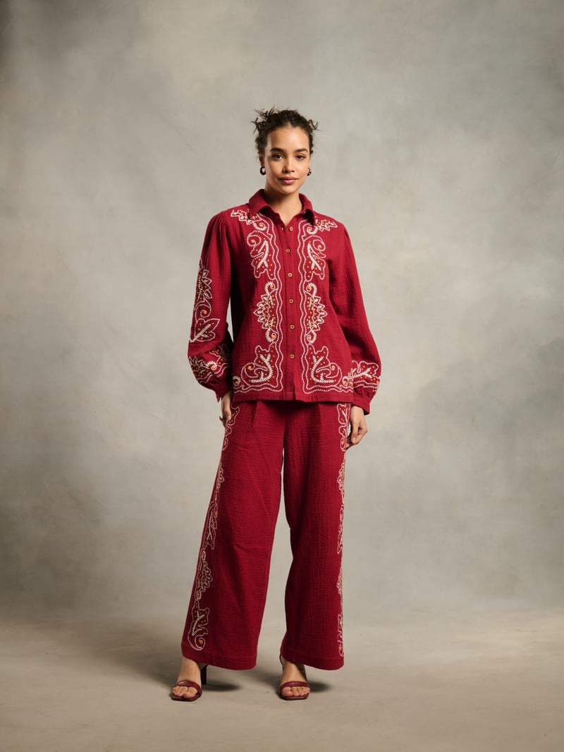 Maroon Embroidered Wide-Leg Cotton Trousers