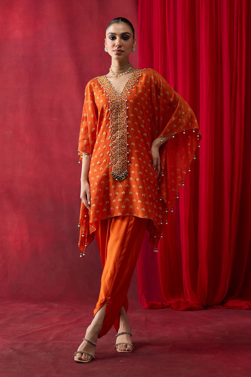 Orange Block Print Kaftan Top and Cowl Pants Co-ord Set