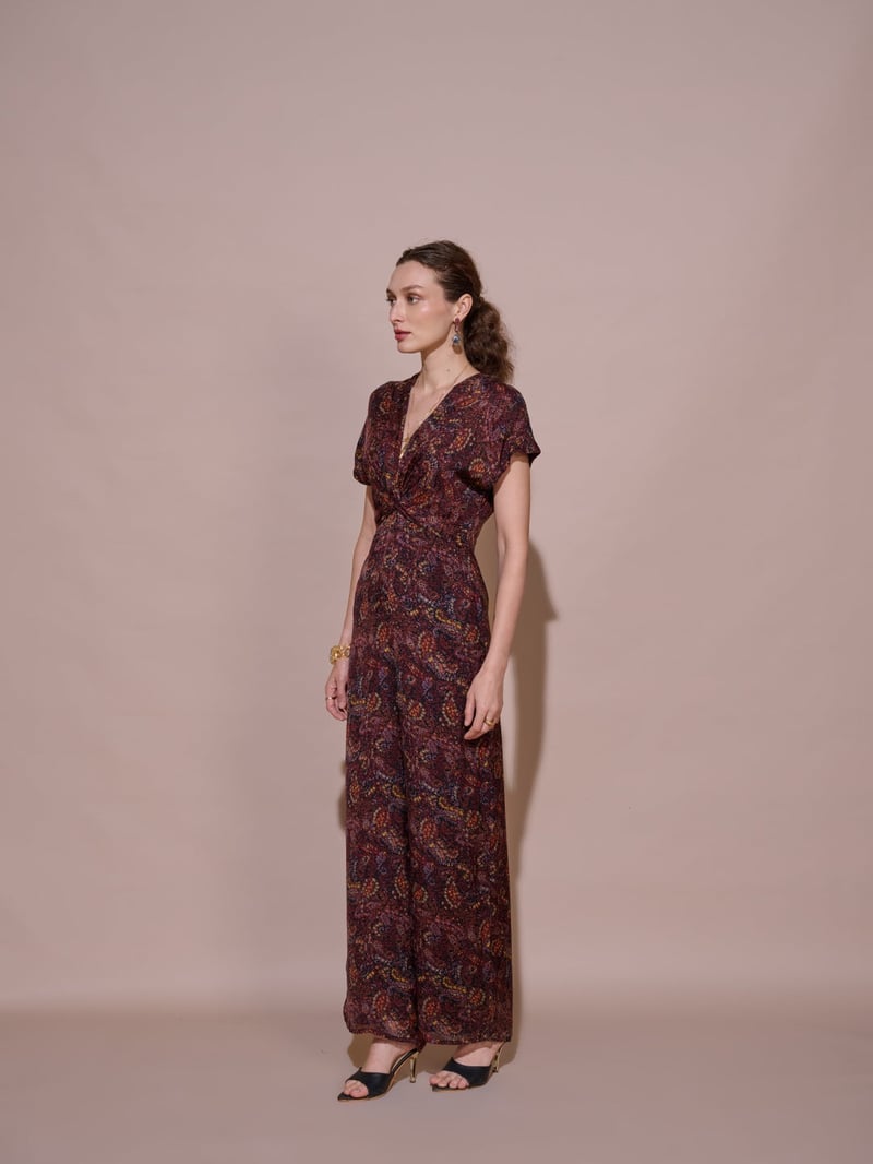 Wine Printed V-Neck Wide-Leg Jumpsuit with Knot Waist