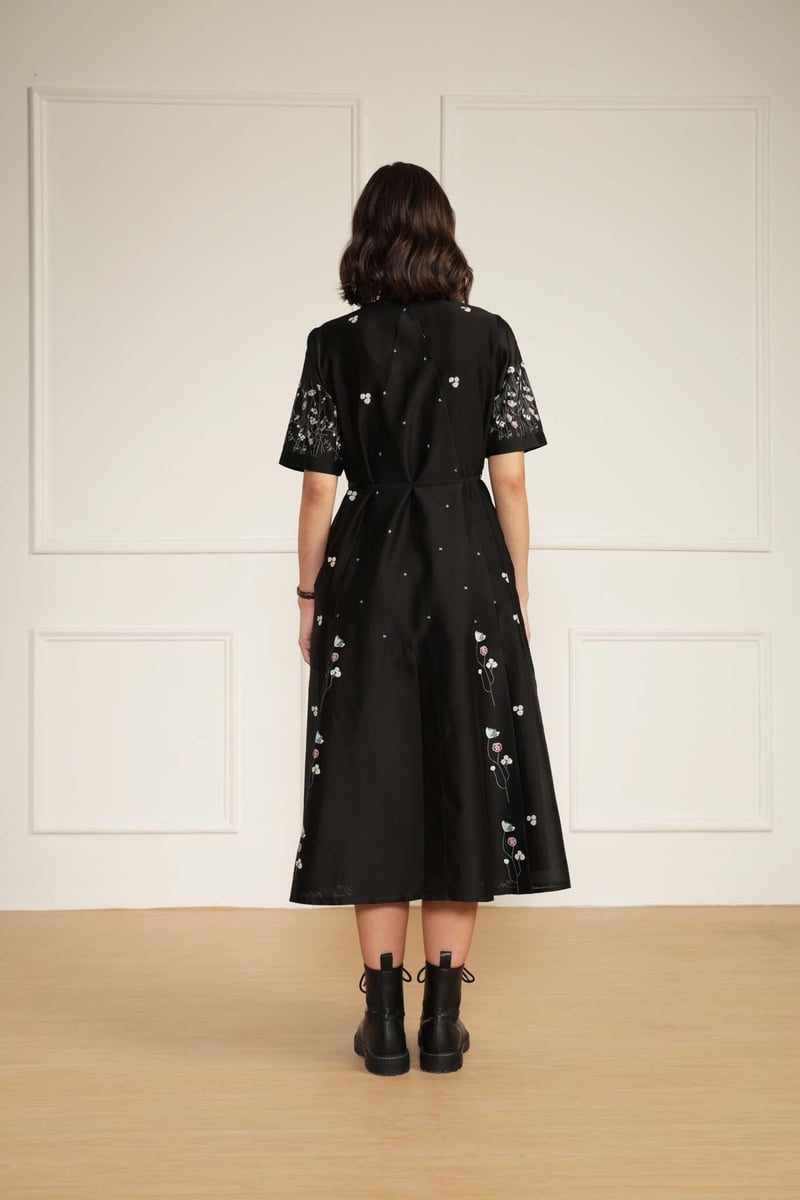 Black Silk Chanderi Floral Print A-Line Midi Dress