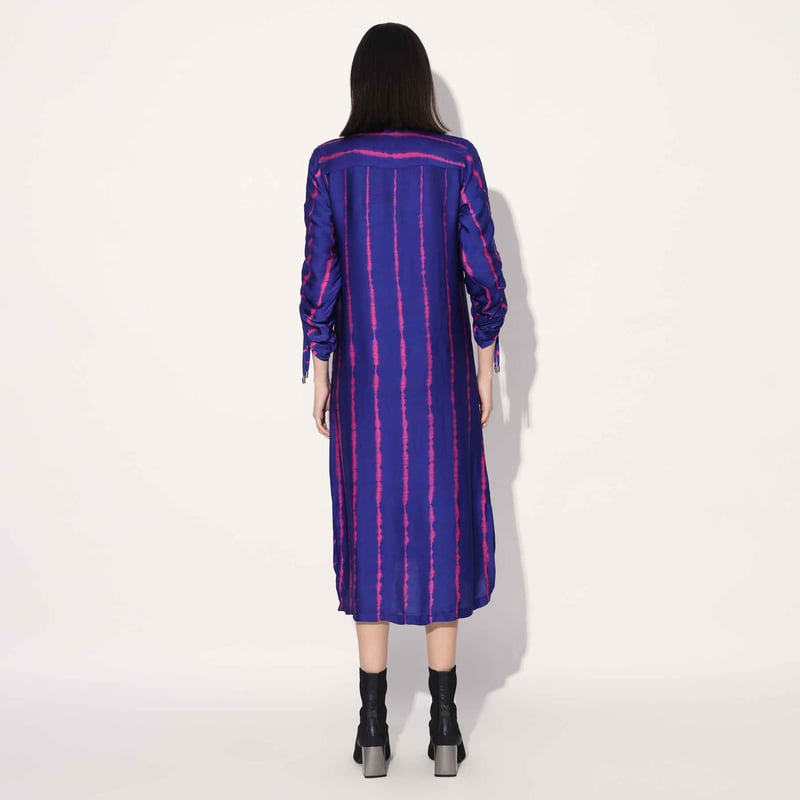 Pink/Purple Shibori Striped Satin Midi Shirtdress
