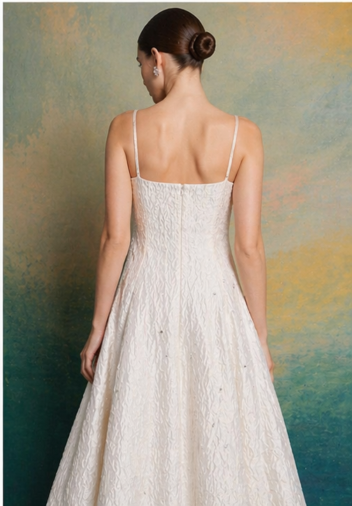 Ivory Embellished Jacquard Fit and Flare Midi Dress