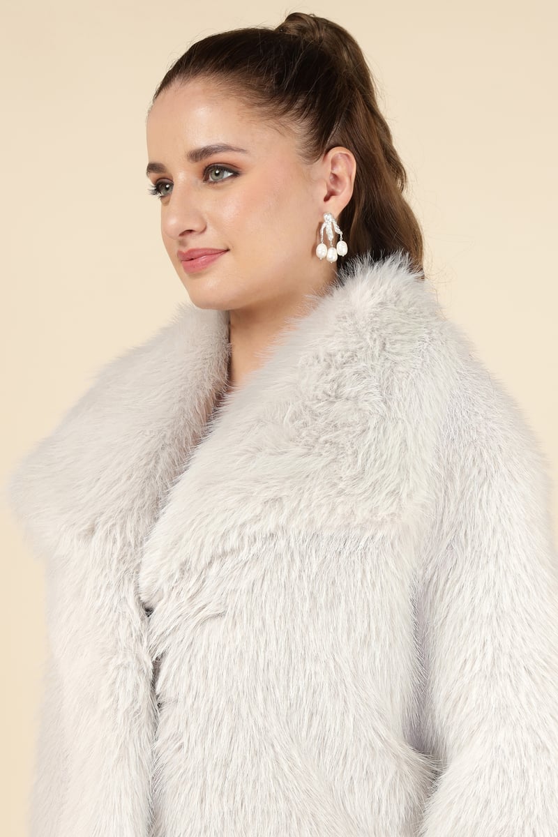 Beige Cropped Faux-Fur Jacket with Lapel Collar