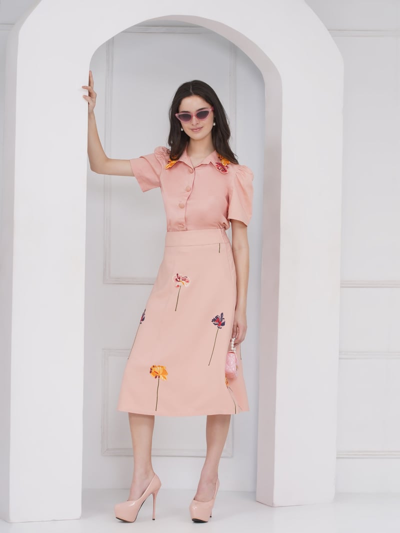 Peach Shirt and A-Line Midi Skirt Co-ord Set