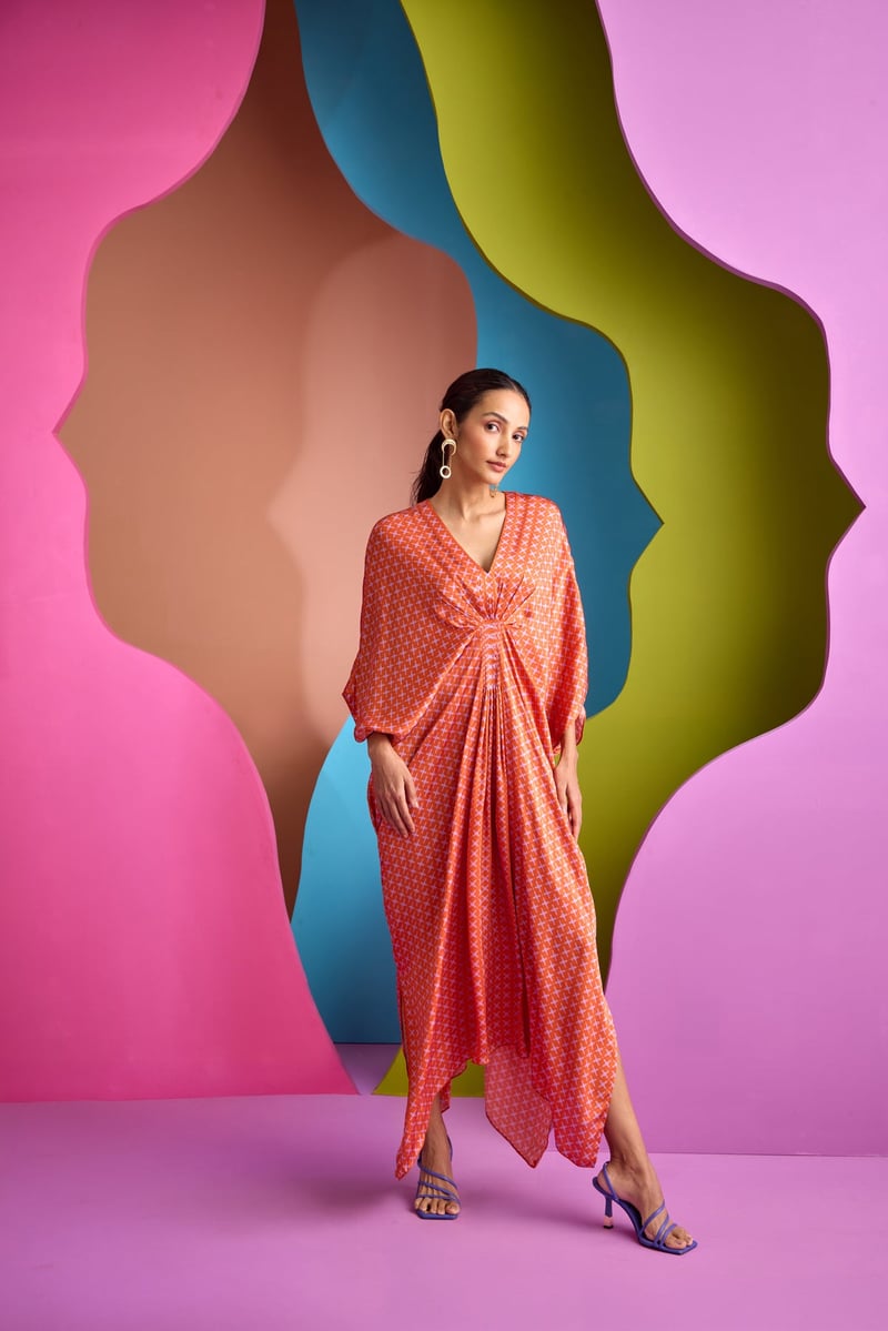 Orange Printed Maxi Kaftan with V-Neck and Pockets