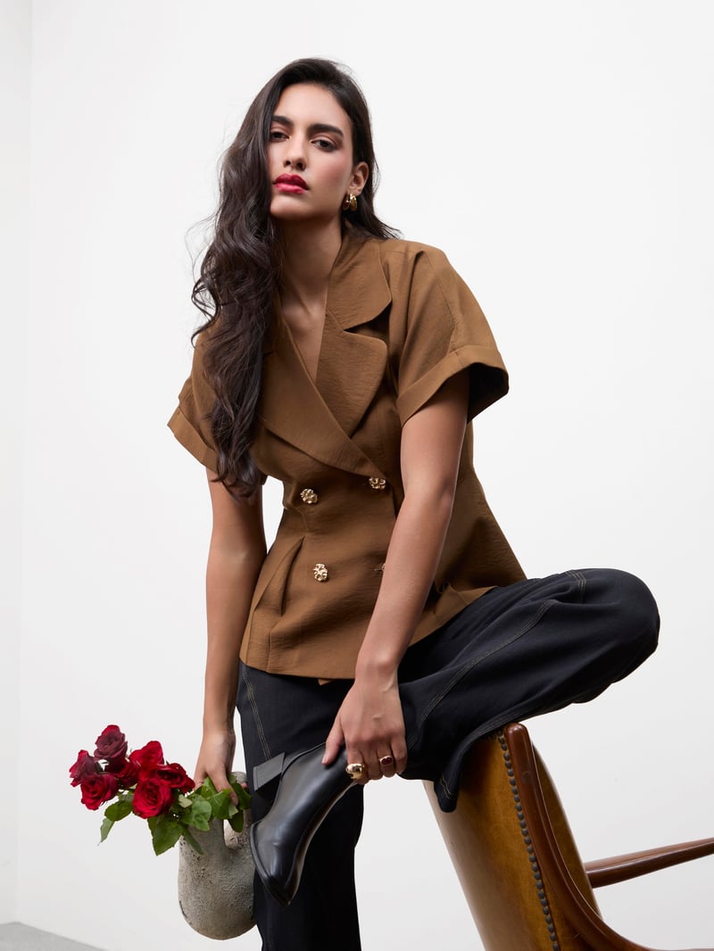 Mocha Double-Breasted Lapel Collar Trench-Style Top