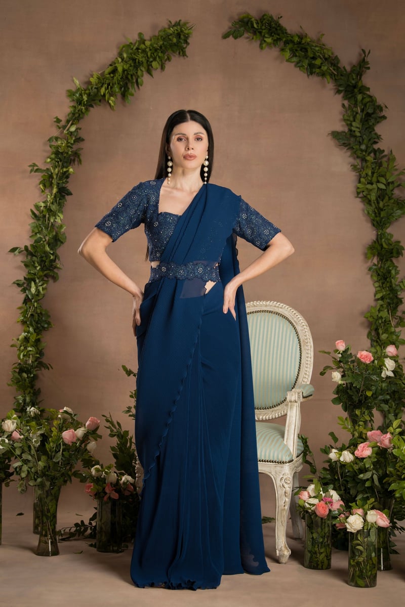 Navy Blue Pre-Draped Pleated Georgette Saree Set