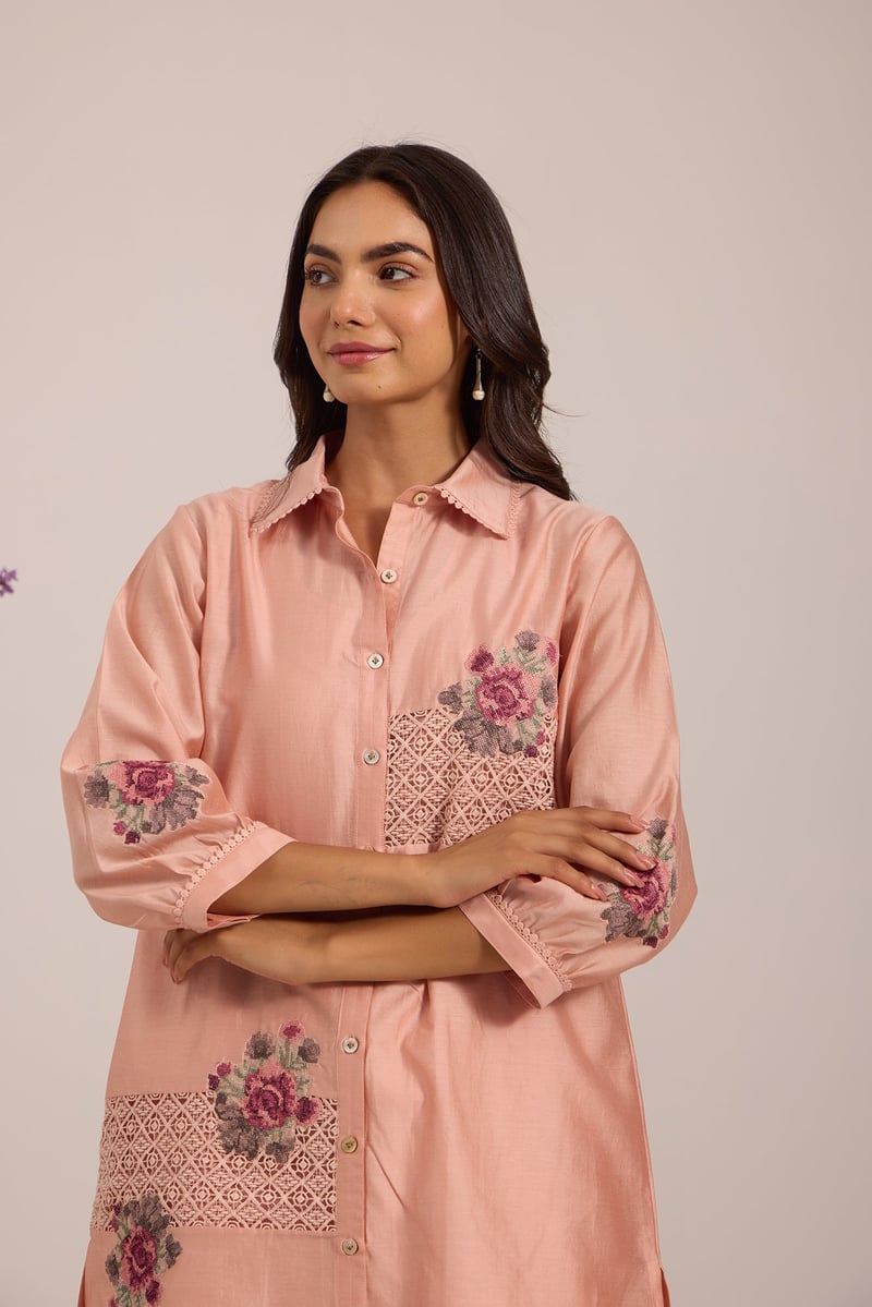 Pink Sheer Mul Chanderi Lace Panel Longline Shirt