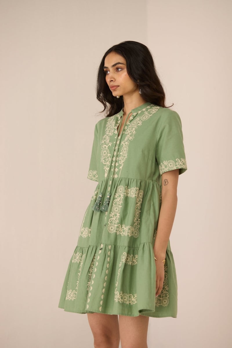 Epsom Green Embroidered Tiered Mini Dress