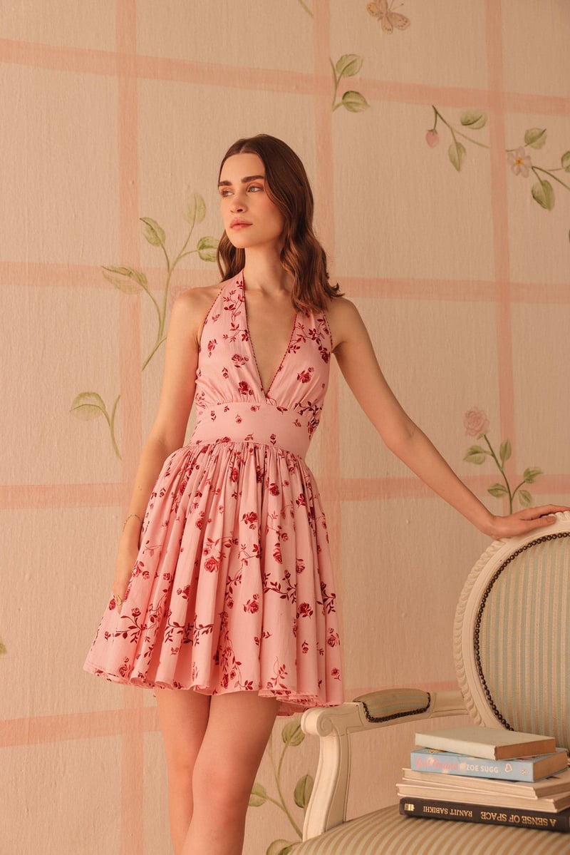 Pink Burgundy Floral Halter Fit and Flare Mini Dress