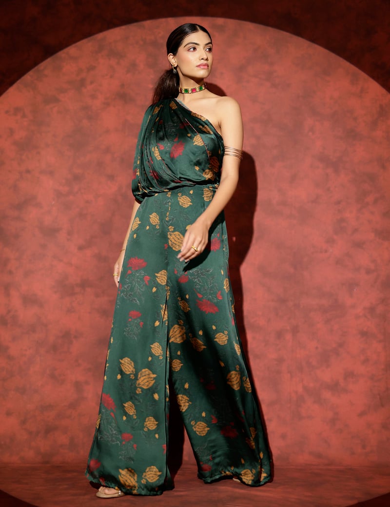 Green One-Shoulder Draped Printed Wide-Leg Jumpsuit