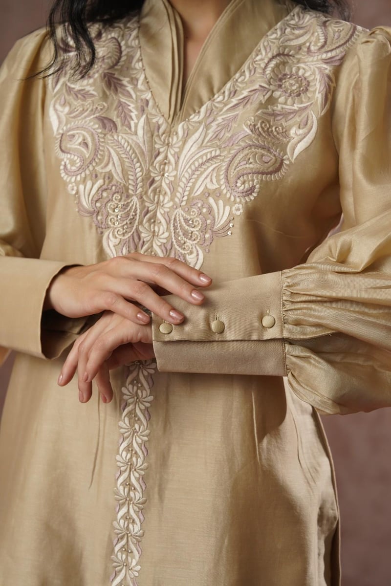 Beige Chanderi Silk Embroidered Co-ord Set