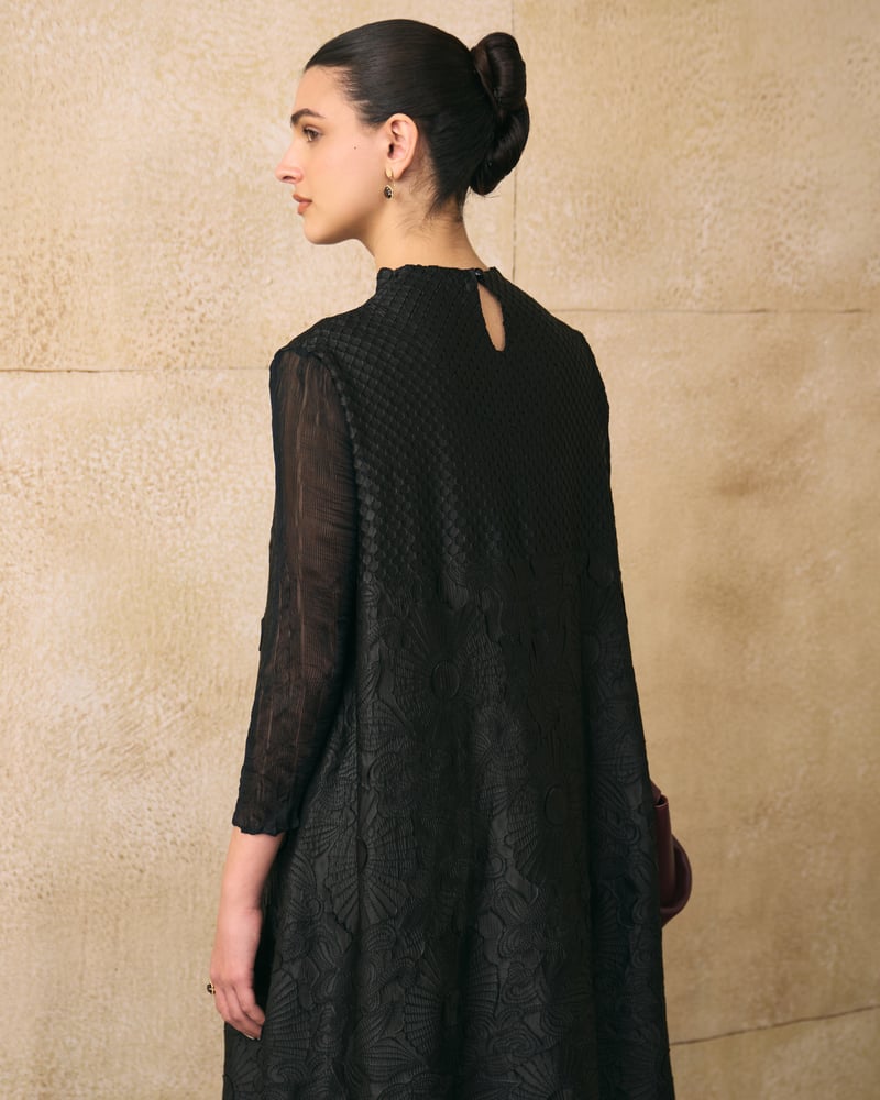 Black Textured A-Line Knee-Length Dress with Sheer Sleeves