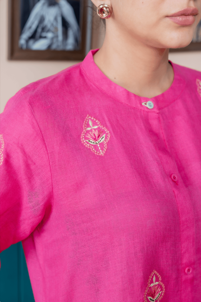 Magenta Pink Linen Kurta Set with Embroidered Motifs