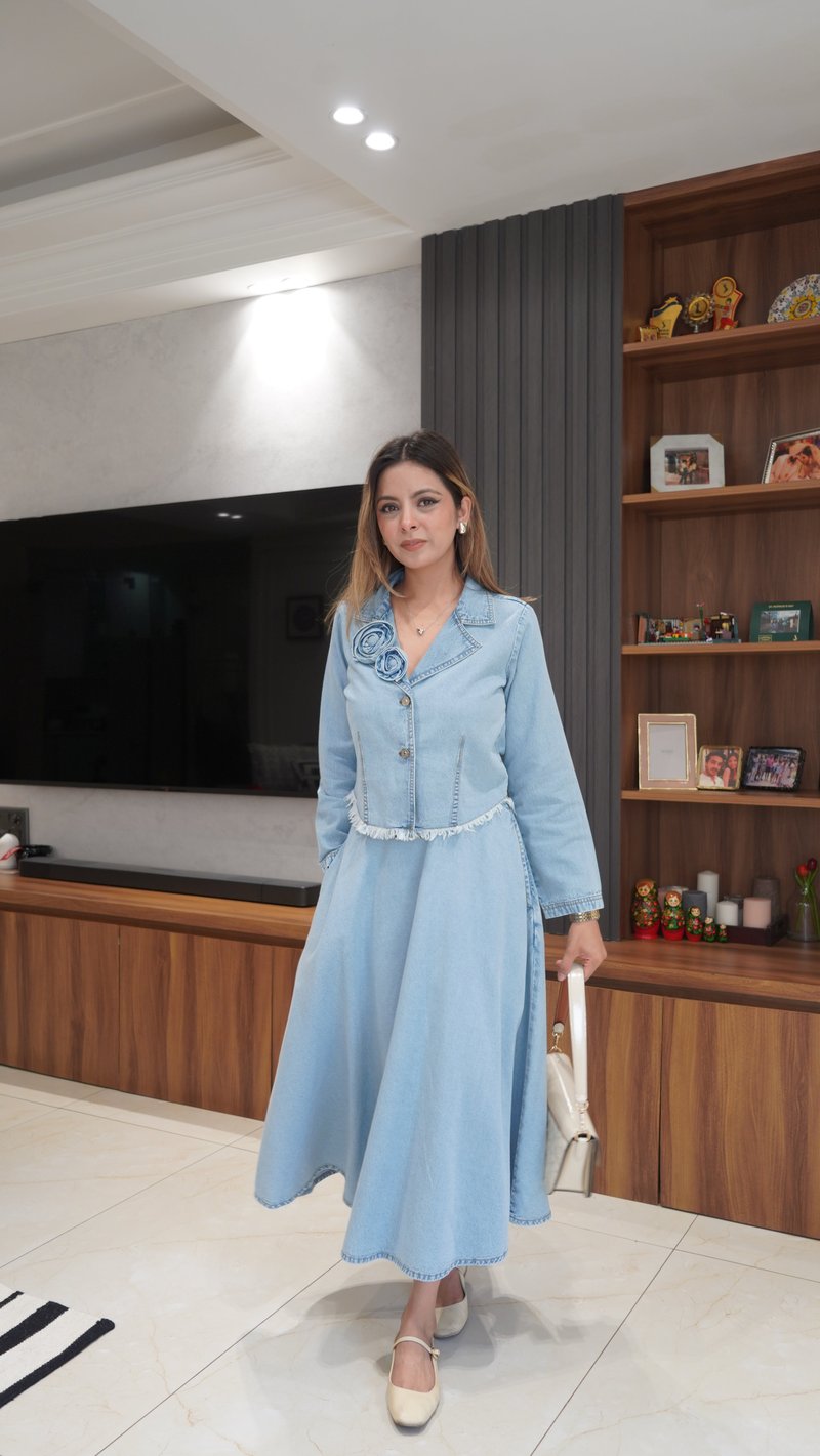 Blue Denim Top and Midi Skirt Co-ord Set