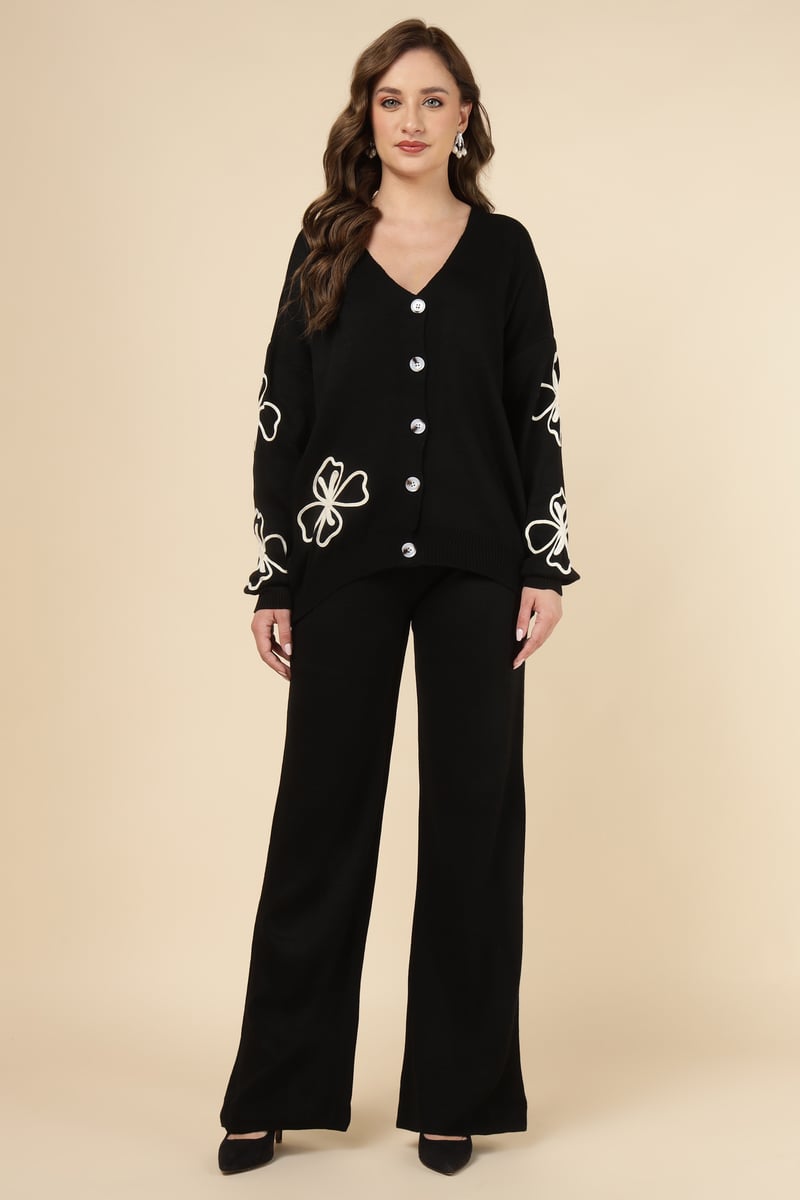 Black Knit Button-Front Top and Wide-Leg Pants Co-ord Set