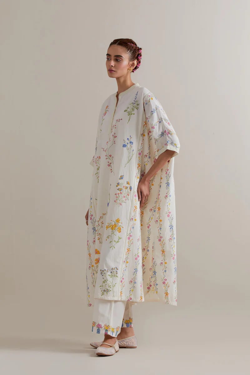 Off-White Floral Printed Cotton Kaftan