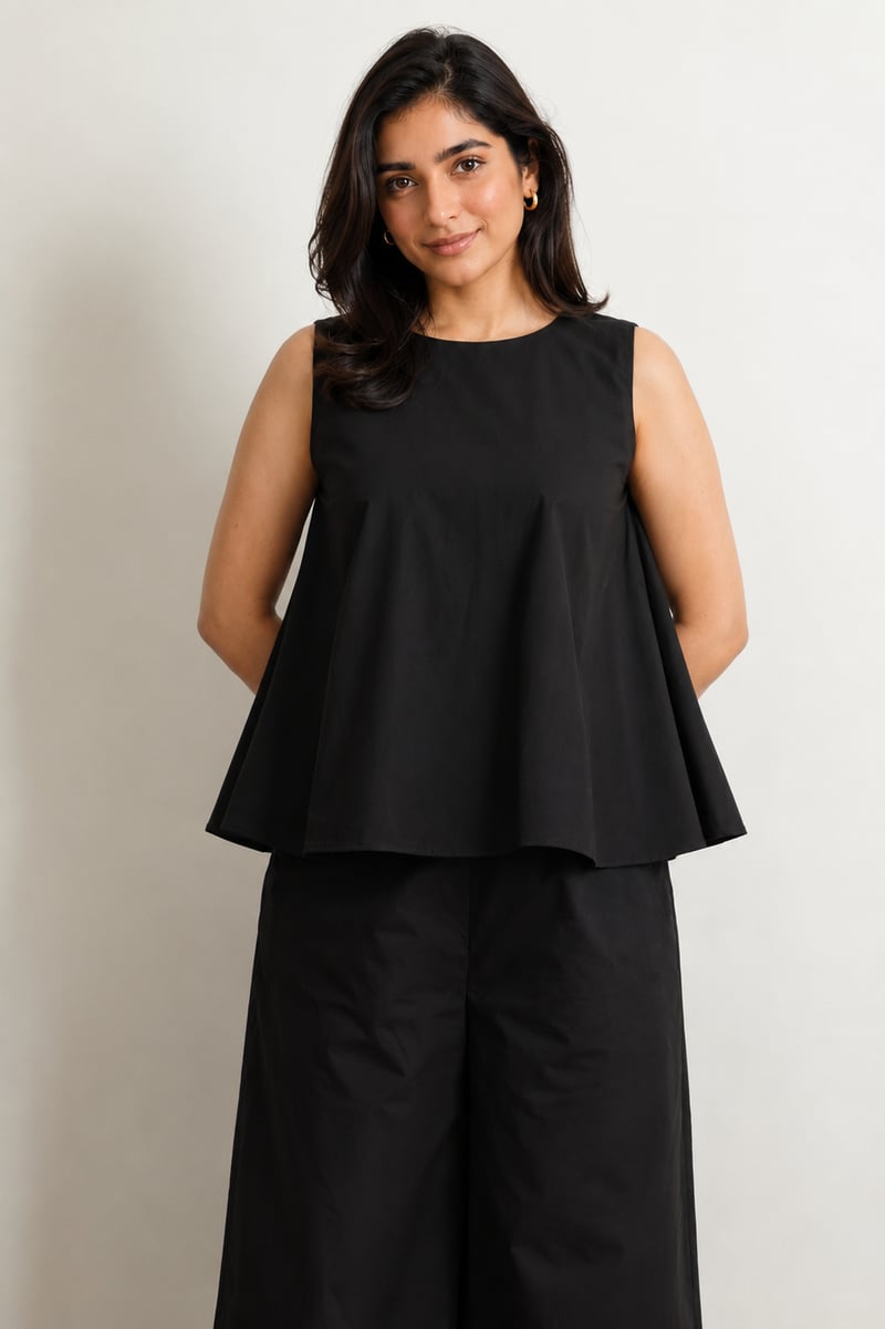 Black Sleeveless A-Line Top with Back Button Detail