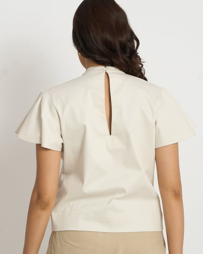 Cream Cotton Mock Neck Flutter Sleeve Top